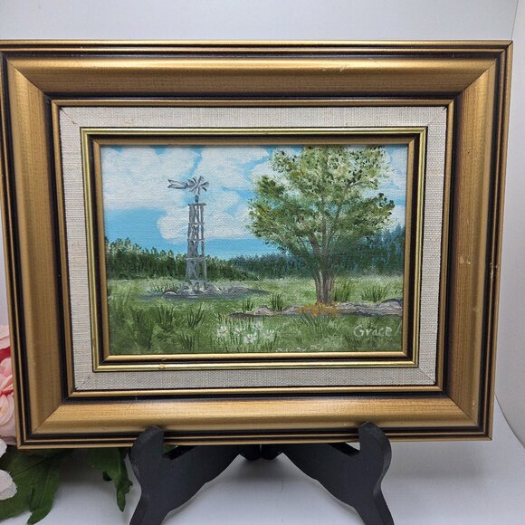 Vintage Acrylic Painting Windmill Signed and Framed 5x7 - Picture 1 of 15